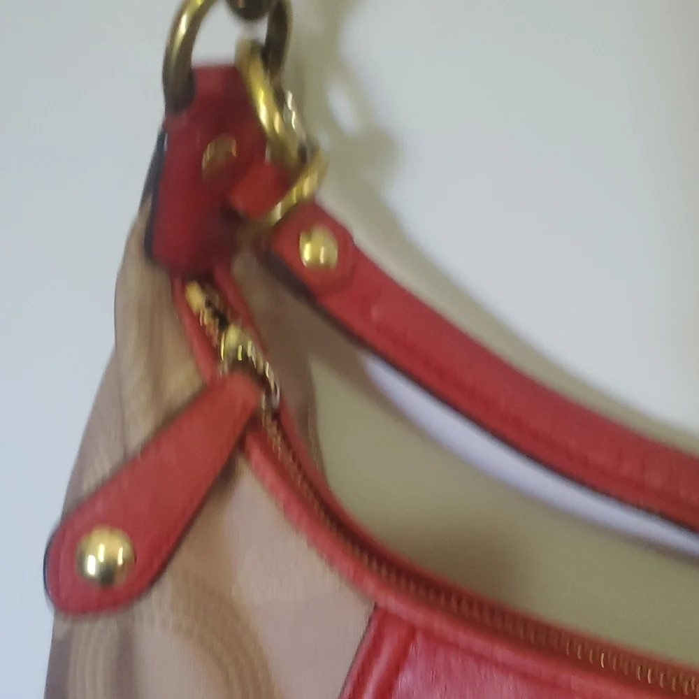 Coach Ashley Dotted Op Convertible Tan Red Bag Signature C Detail Sze 14.5 X 9.5